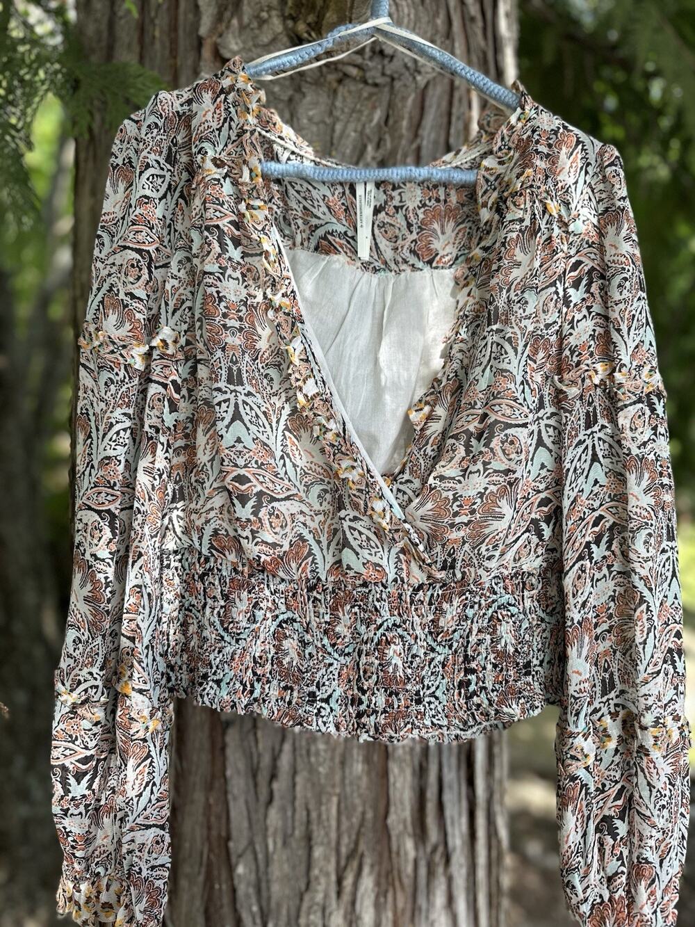 Anthropologie Boho Paisley Print Wrap Blouse Smocked Waist Long Sleeve Small